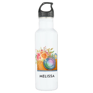 Bouteille D'eau Boho Orange Caméra & Bouquet Floral Aquarelle