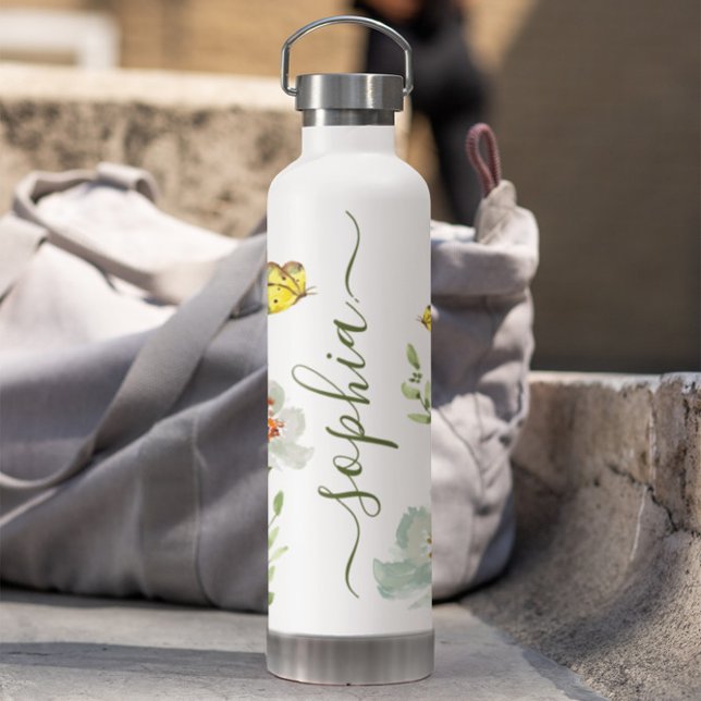 Bouteille D'eau Boho Watercolor papillon jardin Personnalisé (Butterfly watercolor personalized white water bottle.)
