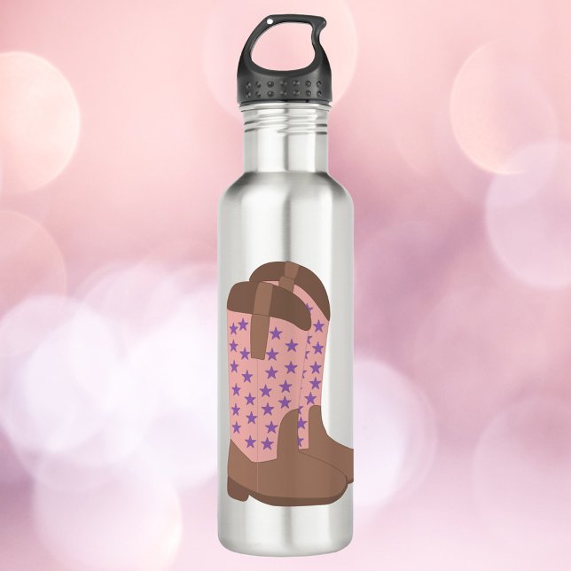 Bouteille D'eau Boots de Cowboy rose Brown violet étoiles Motif (A water bottle with a pair of cowboy boots done in brown and pink with purple stars.)
