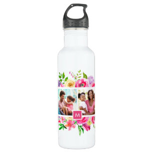 Bouteille D'eau Bright Blooms 4 Photo Collage Monogramme