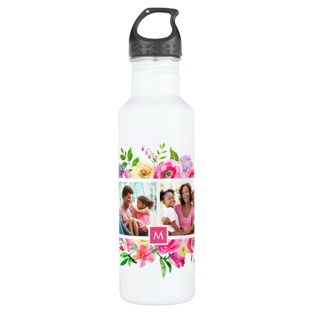 Bouteille D'eau Bright Blooms 4 Photo Collage Monogramme (Devant)