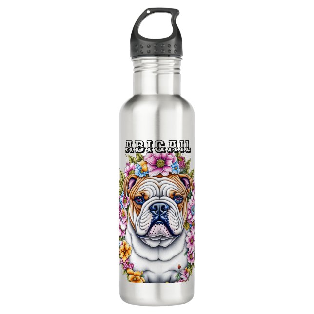 Bouteille D'eau Bulldog personnalisé et fleurs lunaires (Devant)