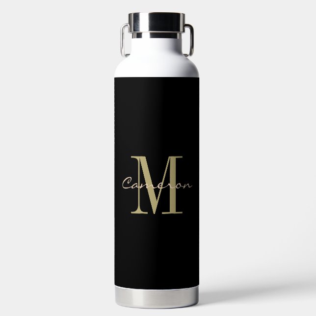 Bouteille D'eau Cadeau personnalisé Monogramme noir et or (Avant)