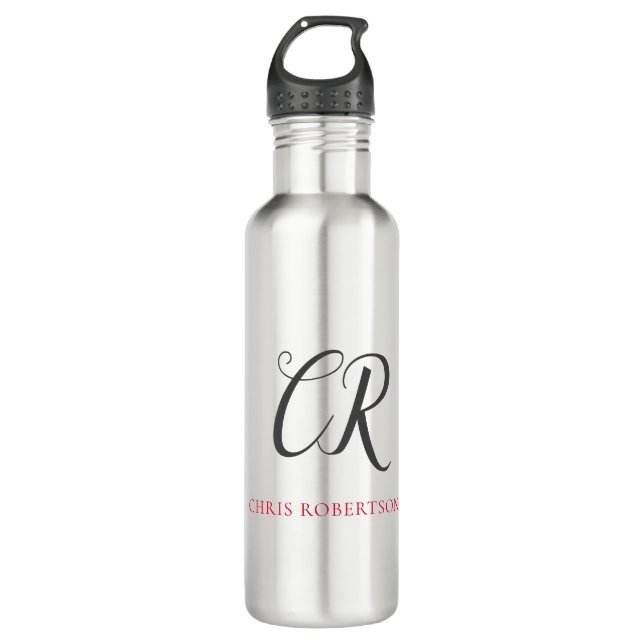 Bouteille D'eau Calligraphie Monogramme Nom Black Grey Cadeau pers (Devant)