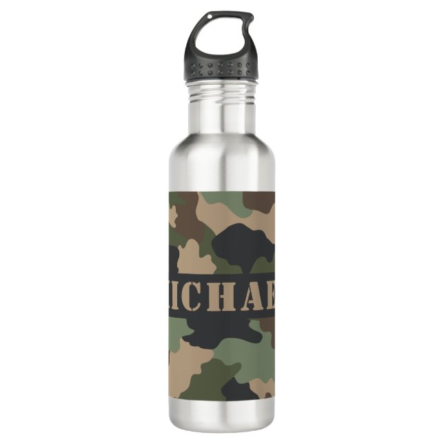 Bouteille D'eau Camouflage Woodland Camo Khaki Tan Black Monogramm (Devant)