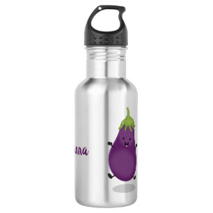 Bouteille D'eau Caricature d'aubergine d'aubergine joliment heureu