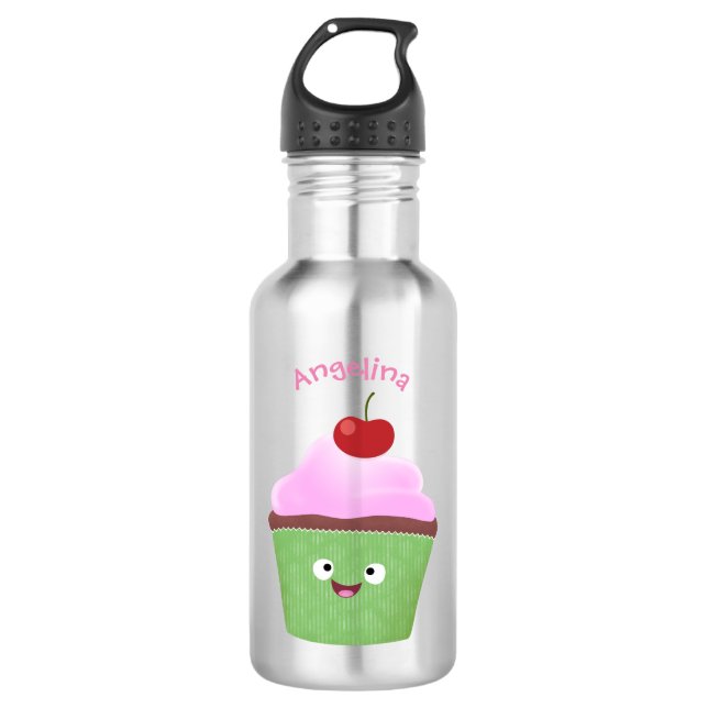 Bouteille D'eau Caricature de cupcake joyeux (Devant)