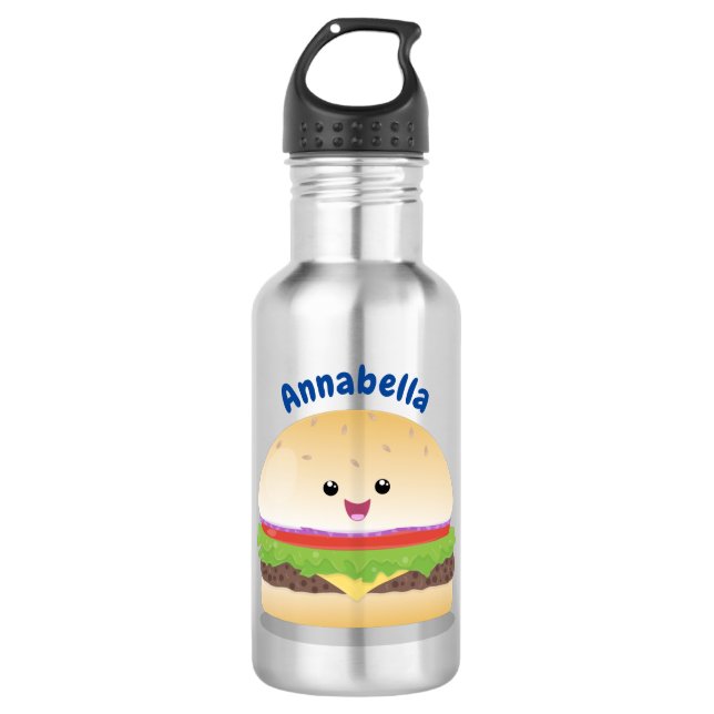 Bouteille D'eau Caricature de hamburger kawaii joyeux (Devant)