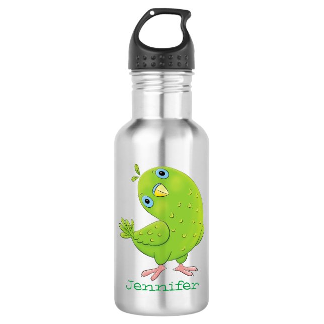 Bouteille D'eau Caricature de perruche verte curieuse (Devant)