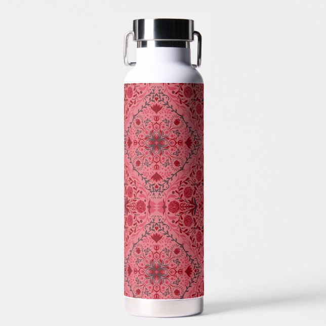 Bouteille D'eau Carreaux floraux en rouge et pastèque rose (Avant)