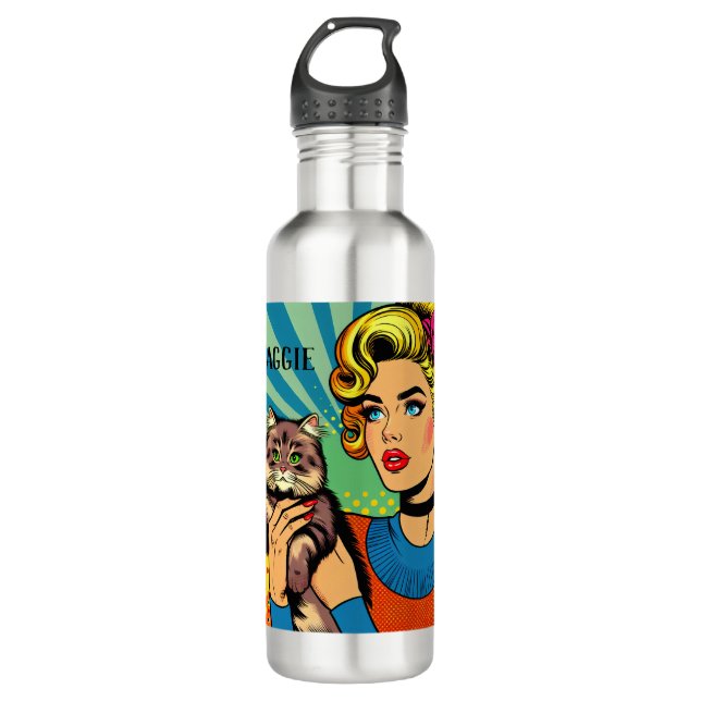 Bouteille D'eau Cartoon Comic Pop Art Femmes et chat Personnalisé (Devant)