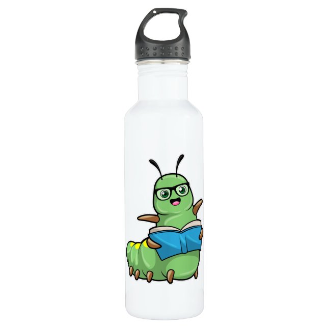 Bouteille D'eau Caterpillar Nerd avec livre et lunettes (Devant)