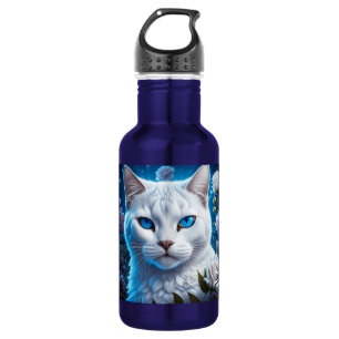 Bouteille D'eau Chat blanc aux yeux bleu clair Floral