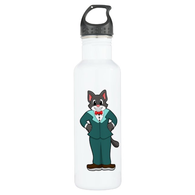 Bouteille D'eau Chat comme marié avec costume et ruban (Devant)