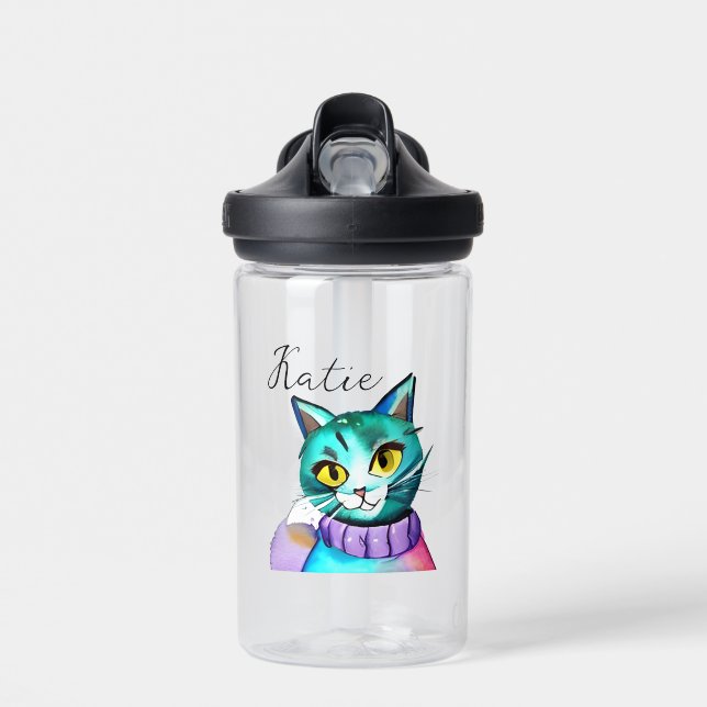 Bouteille D'eau Chat Cute Bleu Kitty Personnalisé (Avant)
