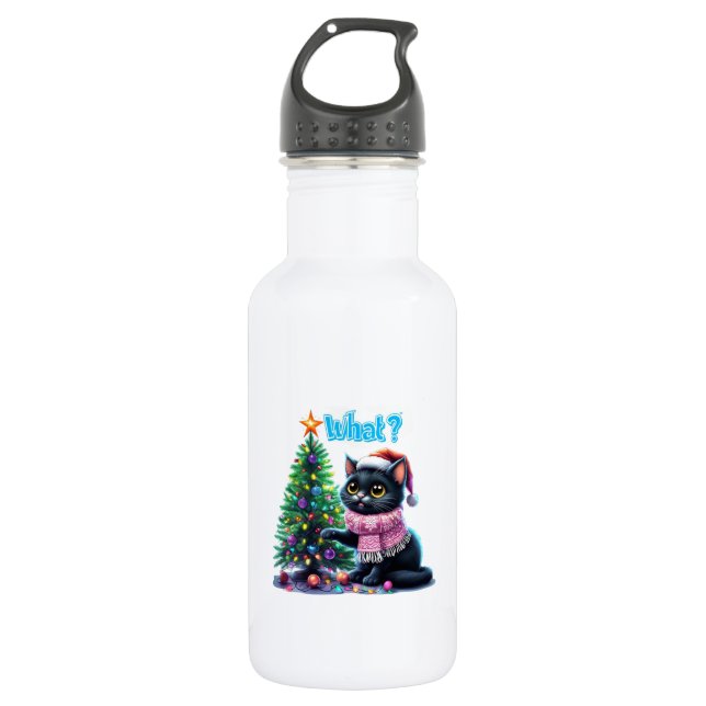 Bouteille D'eau Chat de Noël amusant Avec Sticker Arbre (Devant)