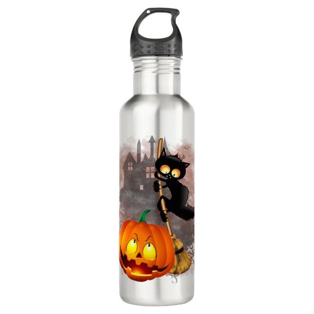 Bouteille D'eau Chat effrayé par Citrouille Fun Halloween caractèr (Devant)