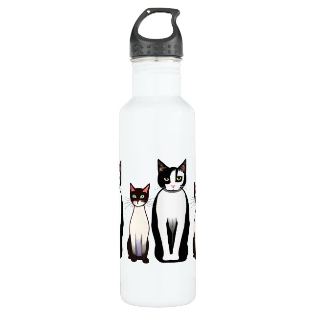 Bouteille D'eau Chat et chaton noir et blanc rétro moderne (Devant)