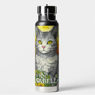Bouteille D'eau Chat et fleurs fantaisistes personnalisés