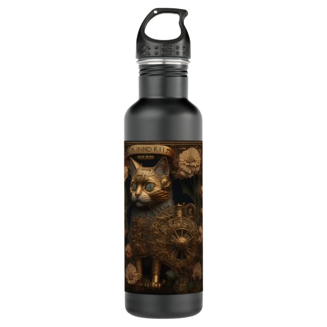 Bouteille D'eau Chat gothique en or Steampunk (Devant)