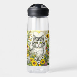 Bouteille D'eau Chat kitty gris et blanc assis en fleurs
