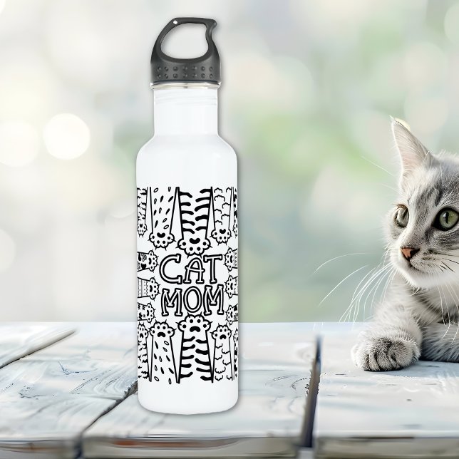 Bouteille D'eau Chat noir et blanc - Design Empreinte de patte (Créateur téléchargé)