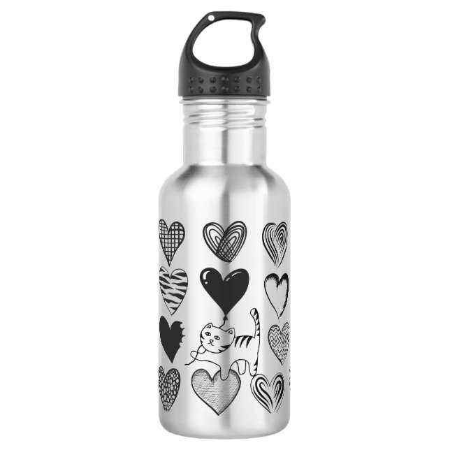 Bouteille D'eau Chat noir et blanc et Motif de coeur (Devant)