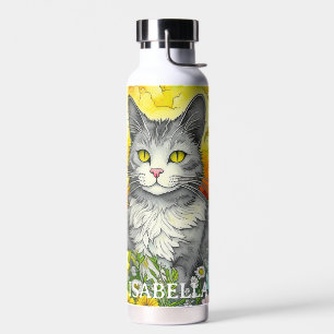 Bouteille D'eau Chat Whimsical Personnalisé et Fleurs