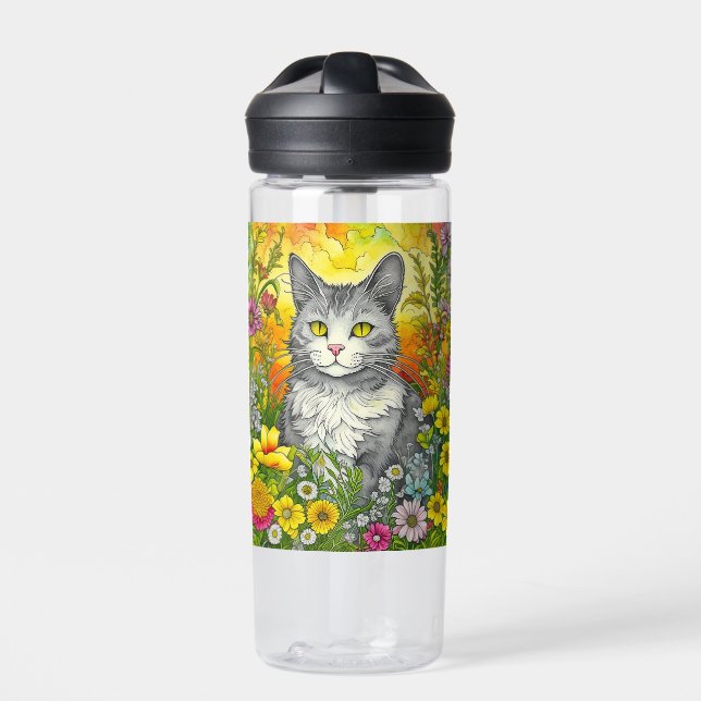 Bouteille D'eau Chat Whimsical Personnalisé et Fleurs (Extérieur)