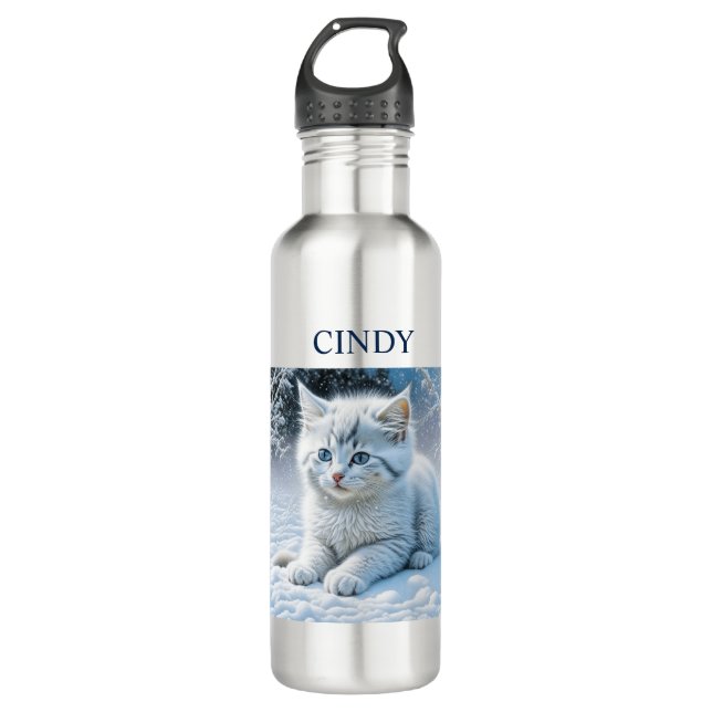Bouteille D'eau Chaton blanc Fluffy personnalisé en neige (Devant)