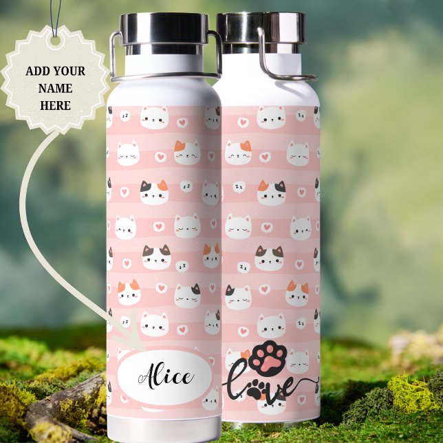 Bouteille D'eau Chats mignons roses Enfants personnalisés (Pink Cute Cats Personalized Name Design Water Bottle)