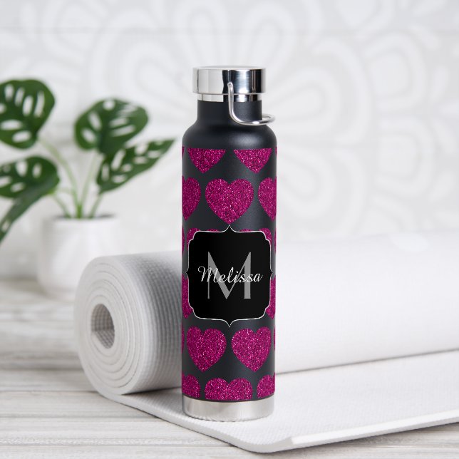 Bouteille D'eau Chaud coeur rose faux pétille motif Monogramme (Yoga)