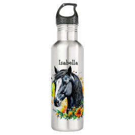Bouteille D'eau Cheval noir entouré de fleurs Personnalisé