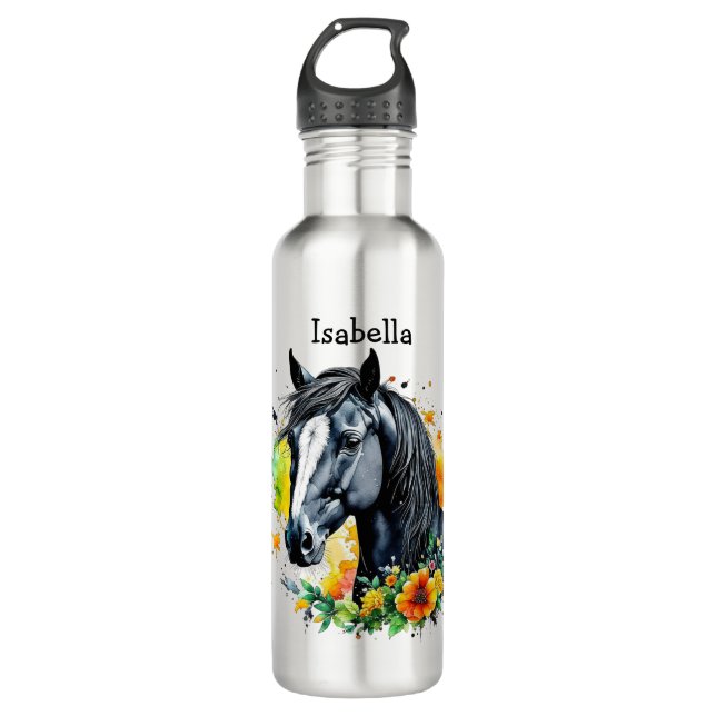 Bouteille D'eau Cheval noir entouré de fleurs Personnalisé (Devant)