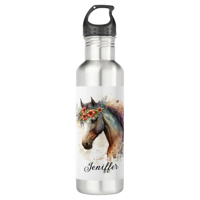 Bouteille D'eau Cheval visage avec couronne de fleurs (Devant)