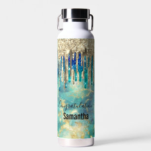 Bouteille D'eau Chic bleu turquoise or parties scintillant gouttes