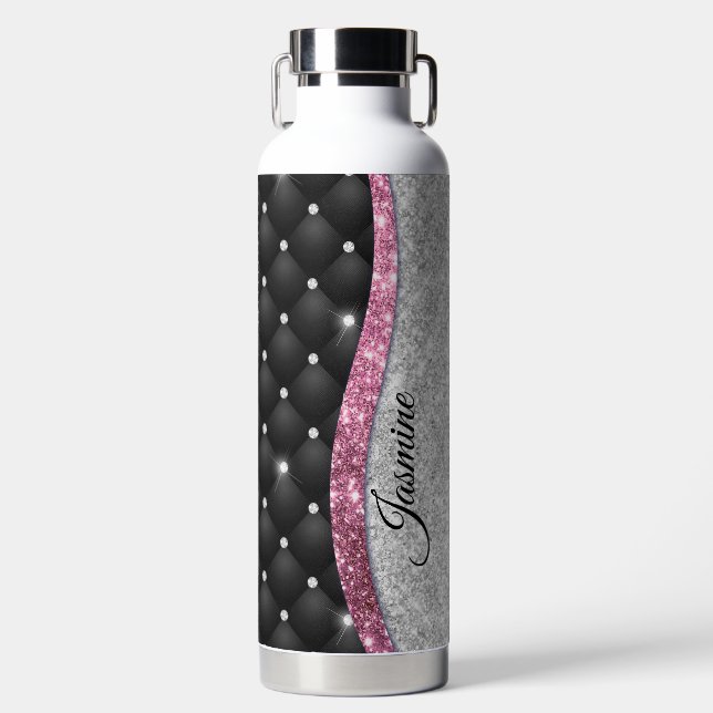 Bouteille D'eau Chic girly faux parties scintillant argent noir ro (Avant)