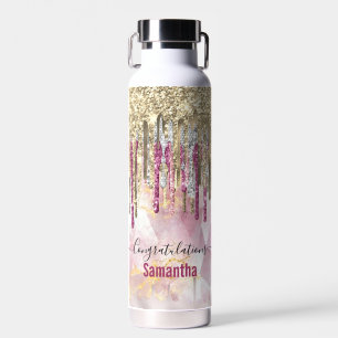 Bouteille D'eau Chic rose or parties scintillant gouttes monogramm