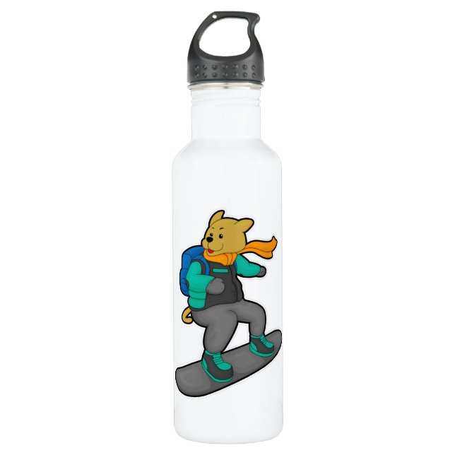 Bouteille D'eau Chien en Snowboardeur avec Snowboard & Backpack (Devant)