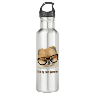 Bouteille D'eau Chien poméranien mignon avec lunettes de vue