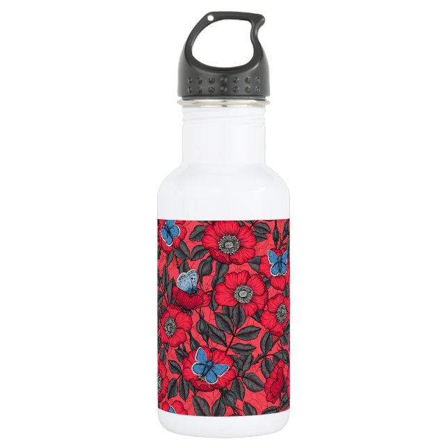 Bouteille D'eau Chien rose et papillons en rouge et bleu (Devant)