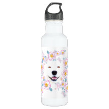 Chien Samoyed et fleurs roses, nom customisé