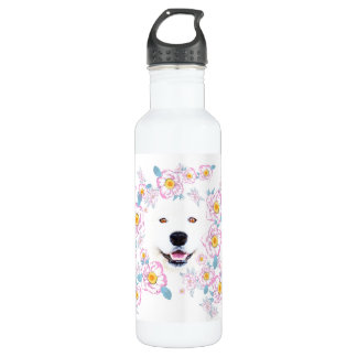 Bouteille D'eau Chien Samoyed et fleurs roses, nom customisé