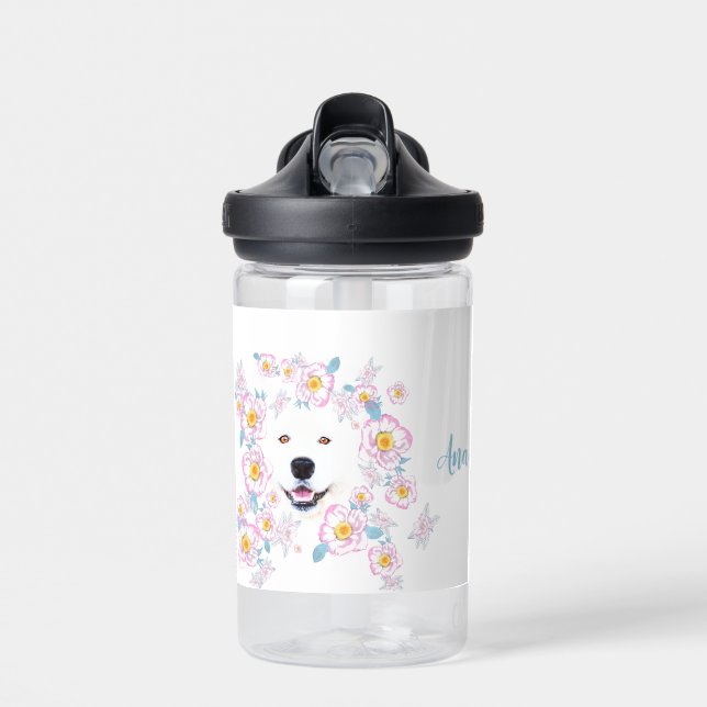 Bouteille D'eau Chien Samoyed et fleurs roses, nom customisé (Avant)