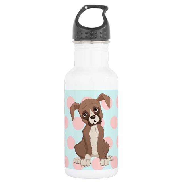 Bouteille D'eau Chiot en boîte sur Pois roses (Devant)