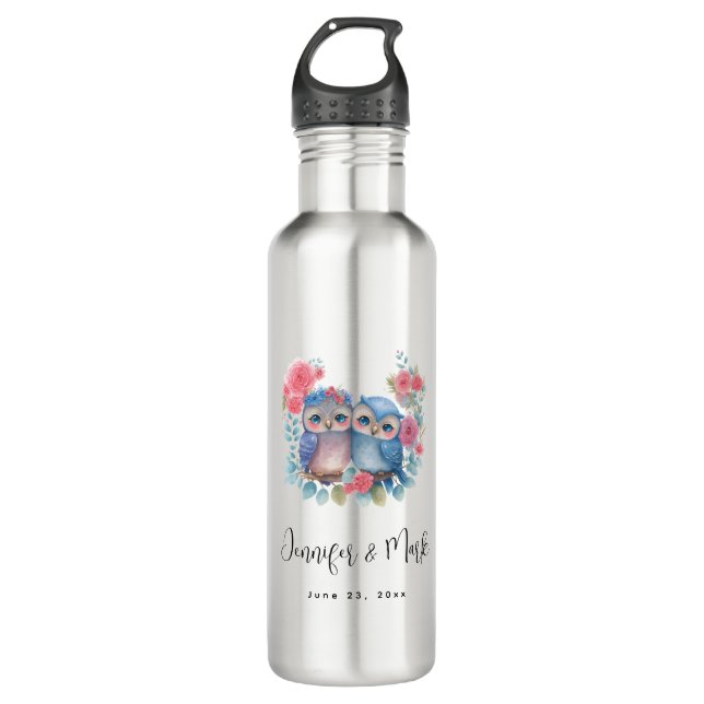 Bouteille D'eau Chouettes amoureuses assis sur un Mariage de branc (Devant)