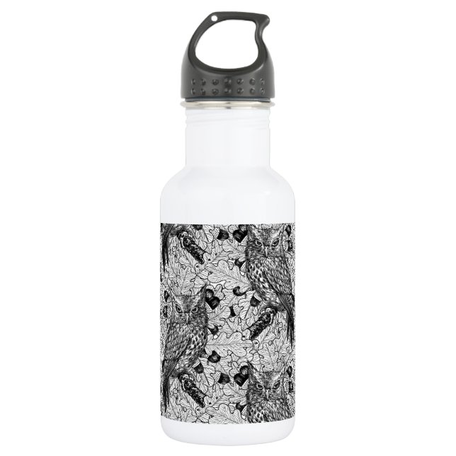 Bouteille D'eau Chouettes dans le chêne, noir et blanc (Devant)