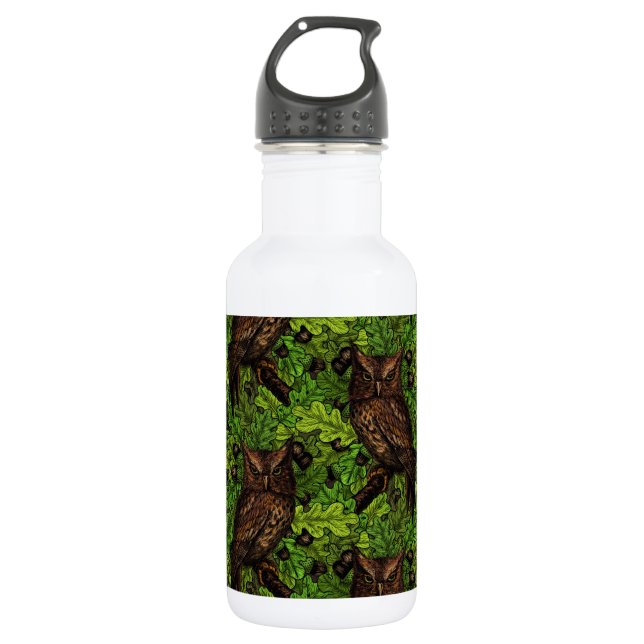 Bouteille D'eau Chouettes dans le chêne, vert et marron (Devant)