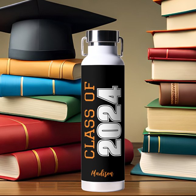 Bouteille D'eau Classe Orange Noir de 2024 Graduation personnalisé (Créateur téléchargé)