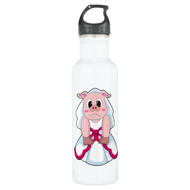 Bouteille D'eau Cochon en mariée avec robe Mariage (Devant)